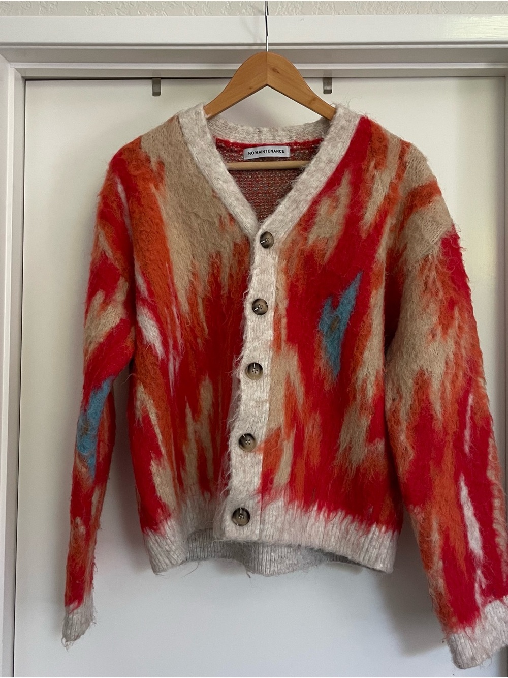 Mohair-Blend Red & Beige Button Cardigan with Blue Accent